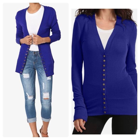 Royal blue classic snap front vneck cardigan size medium - Picture 1 of 10